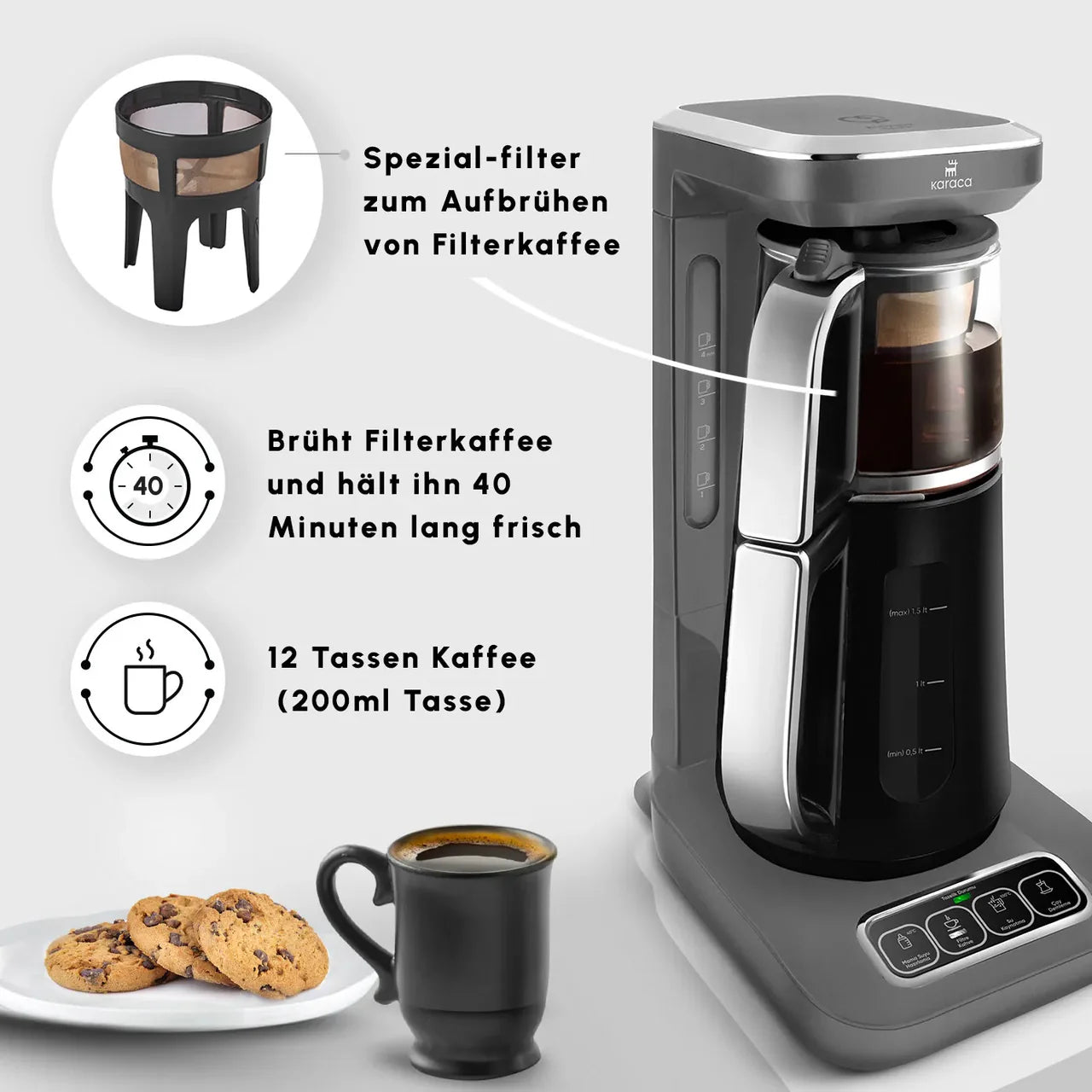 Karaca Çaysever Robotea Pro 4-in-1 sprekende automatische theezetapparaat en filterkoffiezetapparaat, grijs