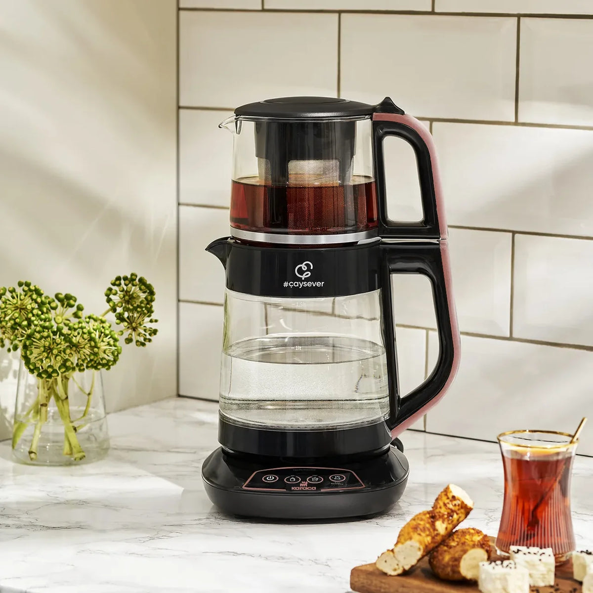 Karaca Çaysever 3 in 1 Konuşan Cam Çay Makinesi Su Isıtıcı ve Mama Suyu Hazırlama 1700W, Rosegold