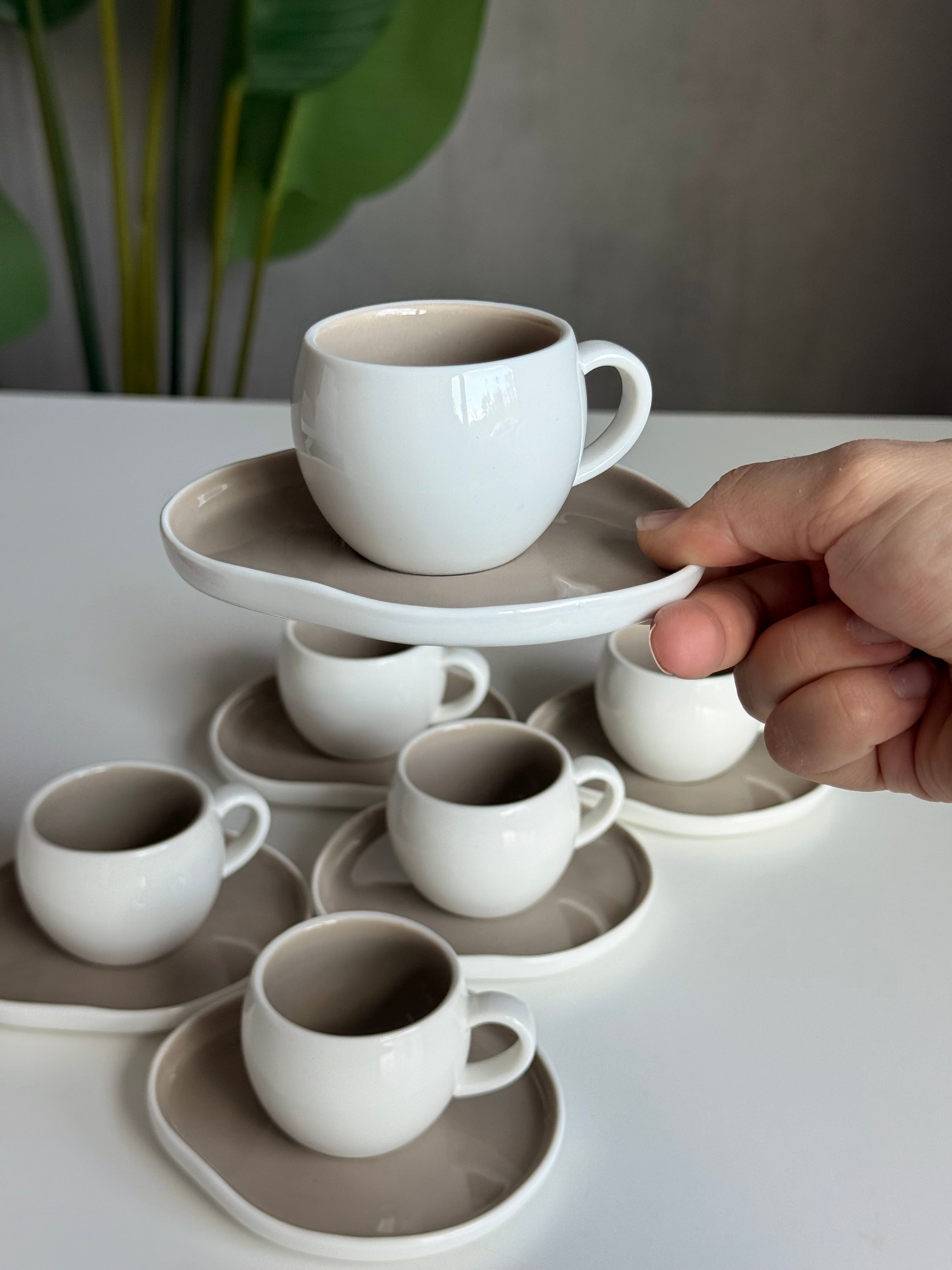Set de tasses à café turc Mulex pour 6 personnes, gris/blanc