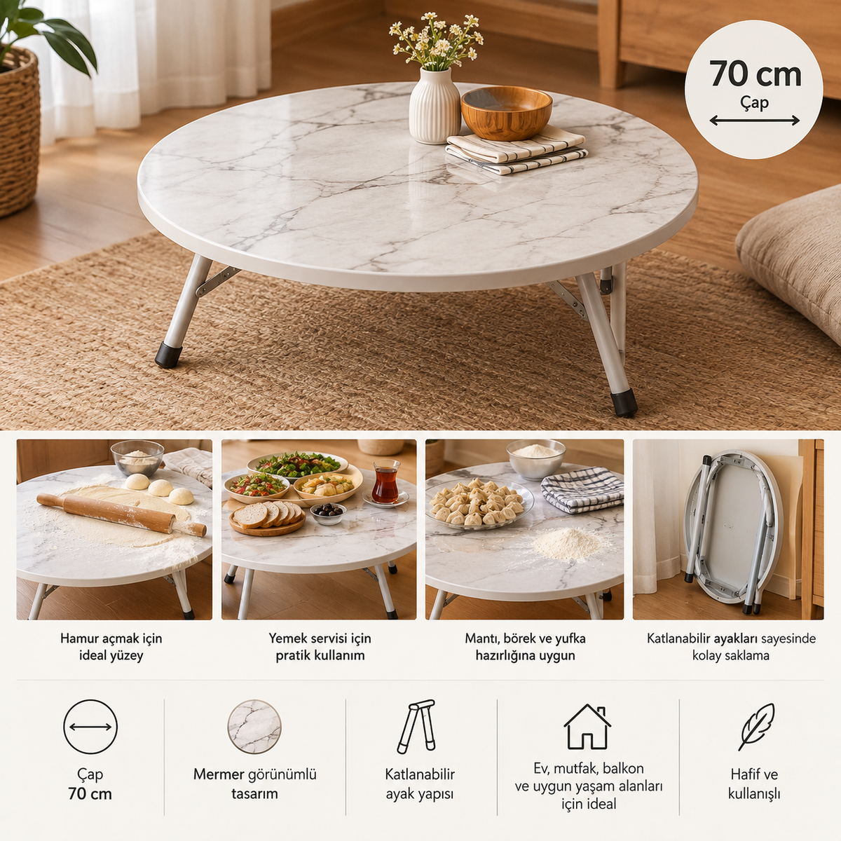 Marble-Look Folding Dining Table, 70 cm