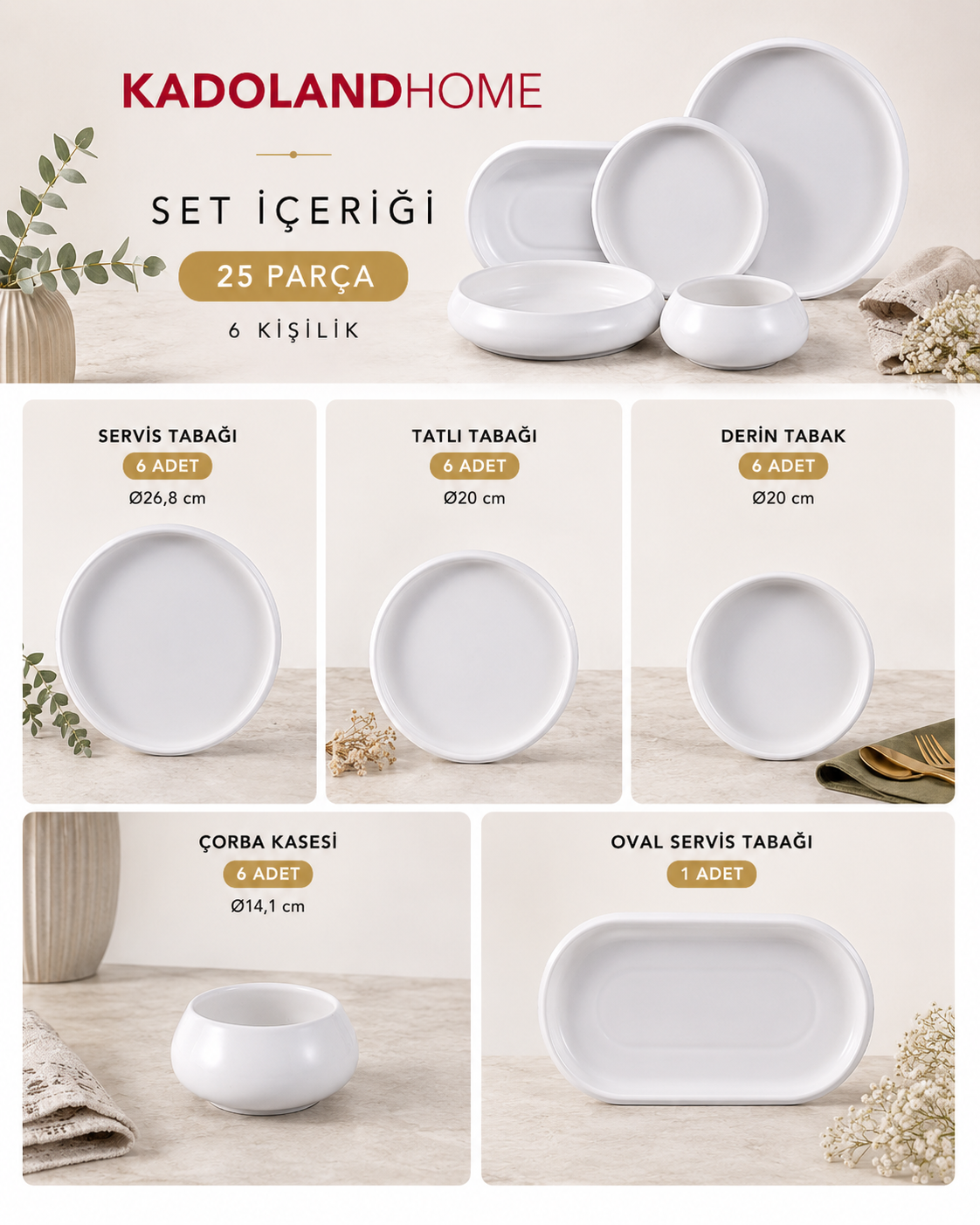 Bricard Bondy Beyaz 25 Parça Yemek Takımı | 6 Kişilik Porselen Dinner Set