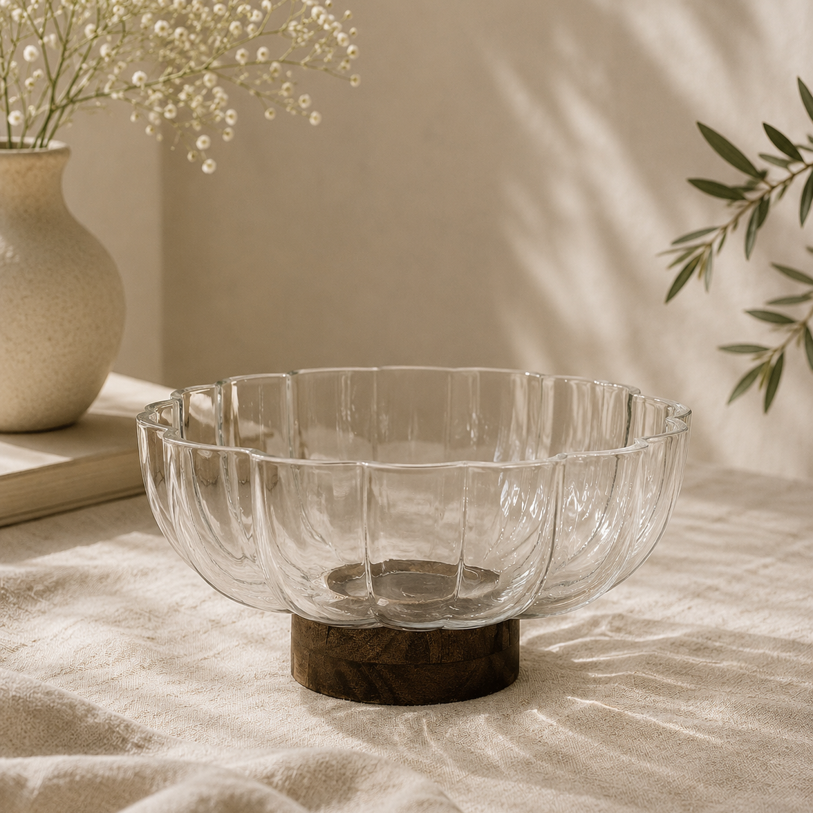 Bol en verre Bavary avec pied en bois - Diamètre 26,6 cm - 2,7 litres