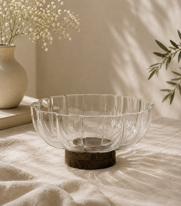 Bavary Glazen Schaal met Houten Voet - Dia 26.6 cm - 2.7 liter