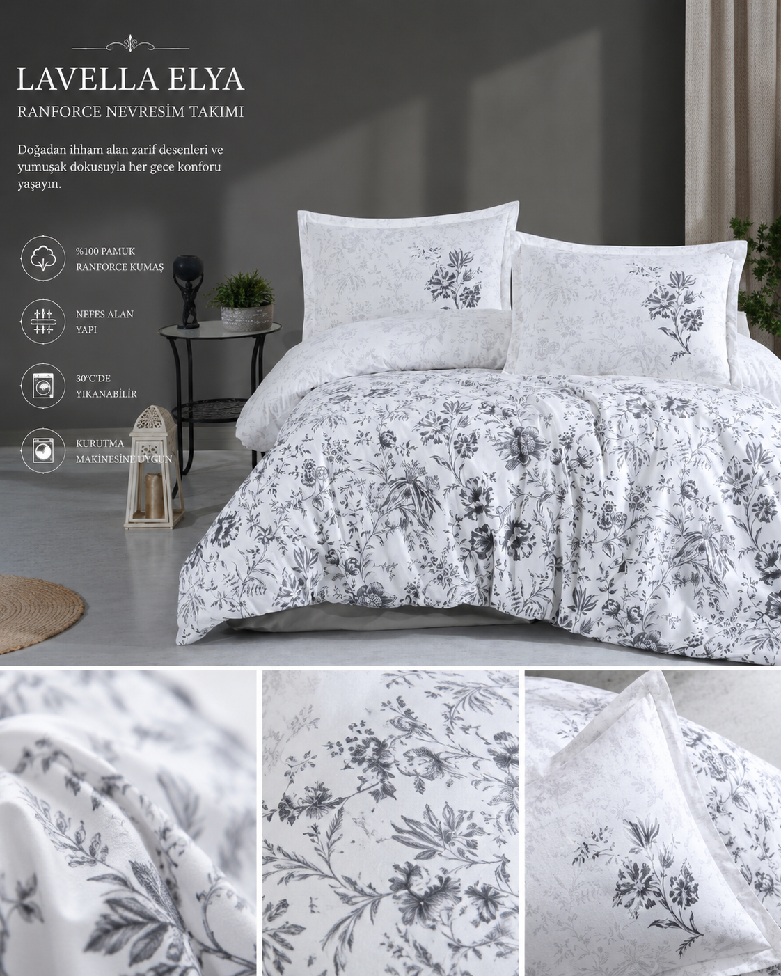 Lavella Sude Ranforce Nevresim Takımı 200x220 cm 4 Parça – Beyaz