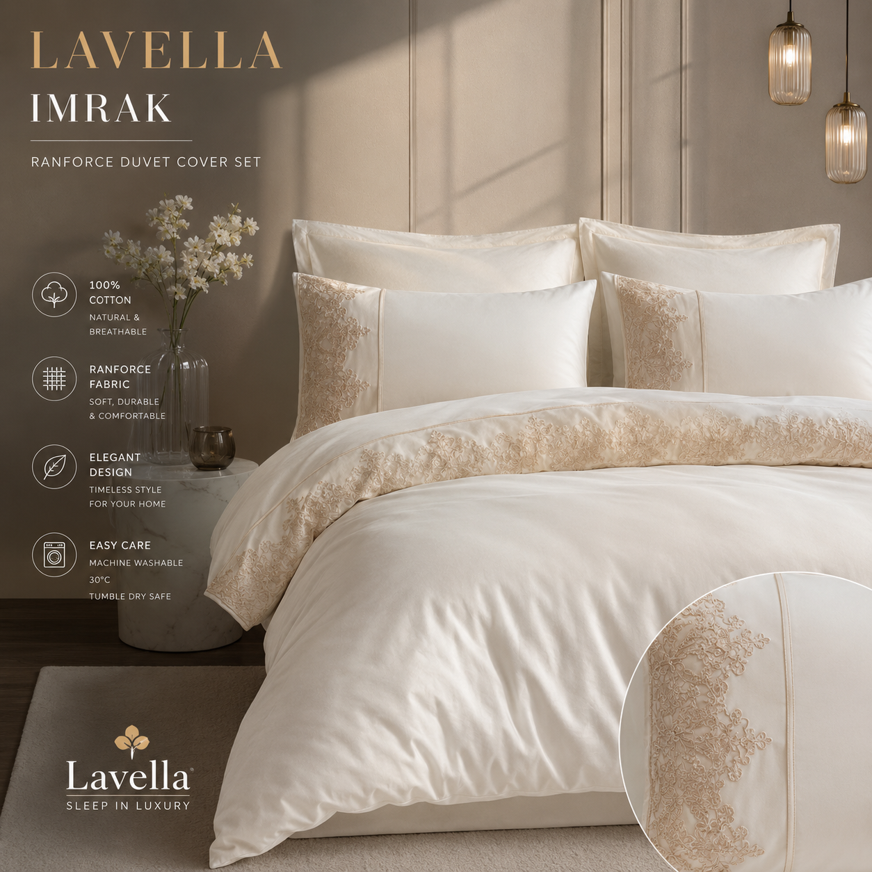 Parure de lit Lavella Nisa 200 x 220 cm – Blanc | 6 pièces