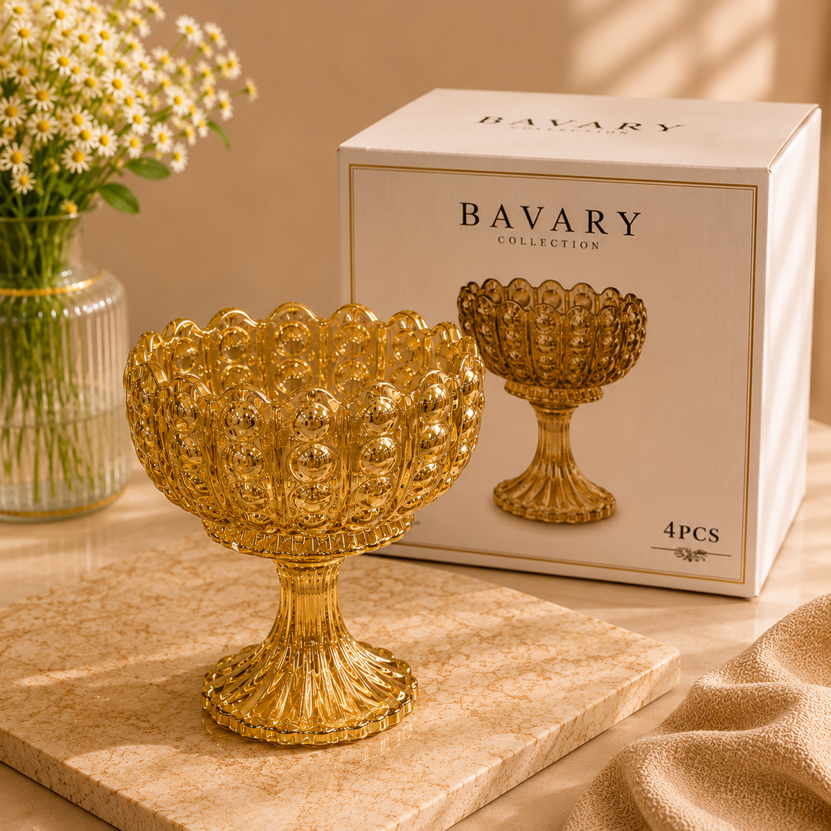 Bavary Lotus 4lü Ayaklı Cam Sunumluk Set Amber | Bav-246