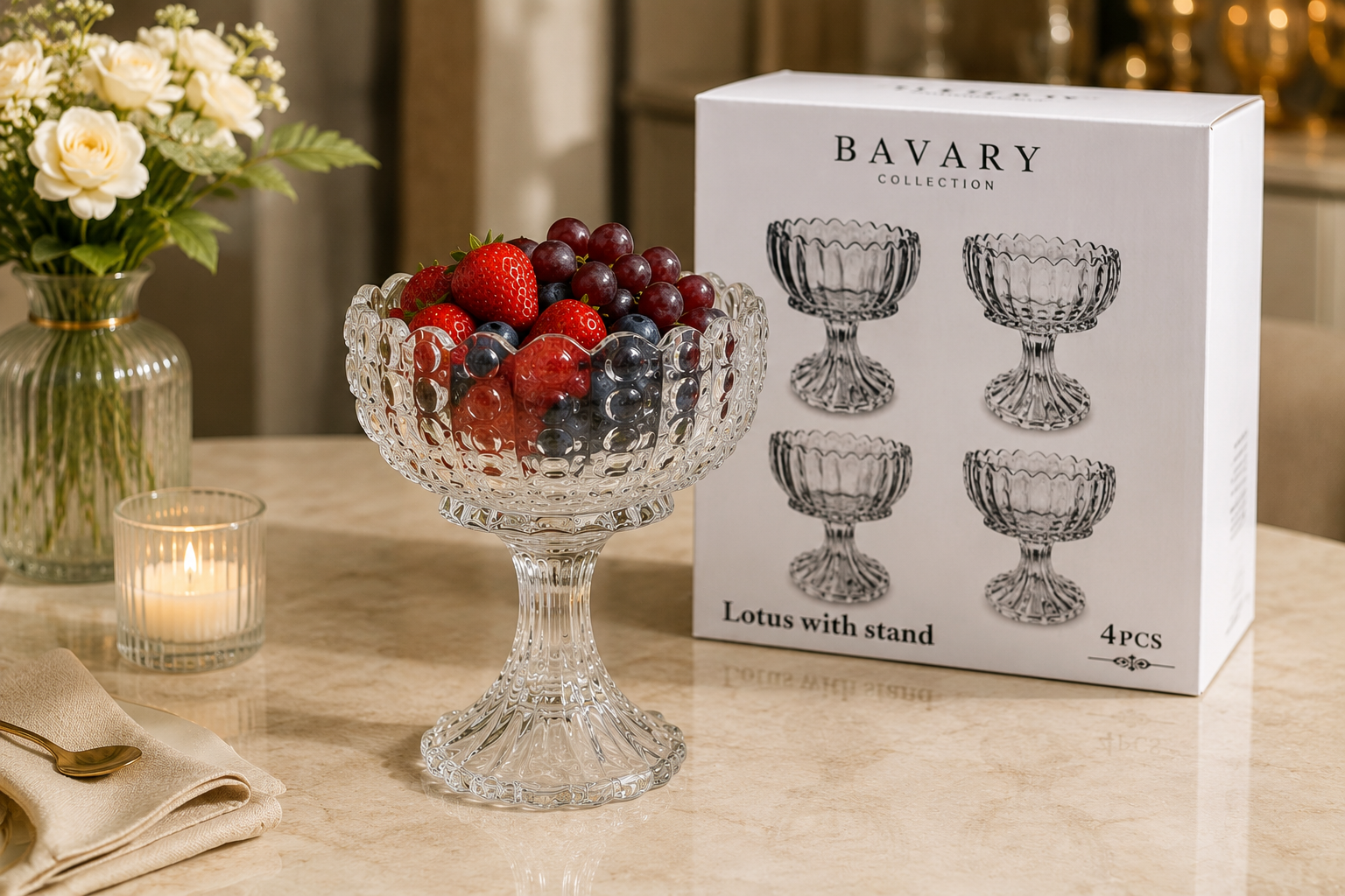 Bavary Lotus 4lü Ayaklı Cam Sunumluk Set Şeffaf | Bav-244