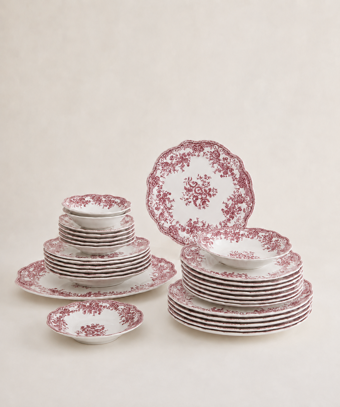 Vintage 25 parça 6 kişilik porselen yemek takımı- Pembe çiçek desenli