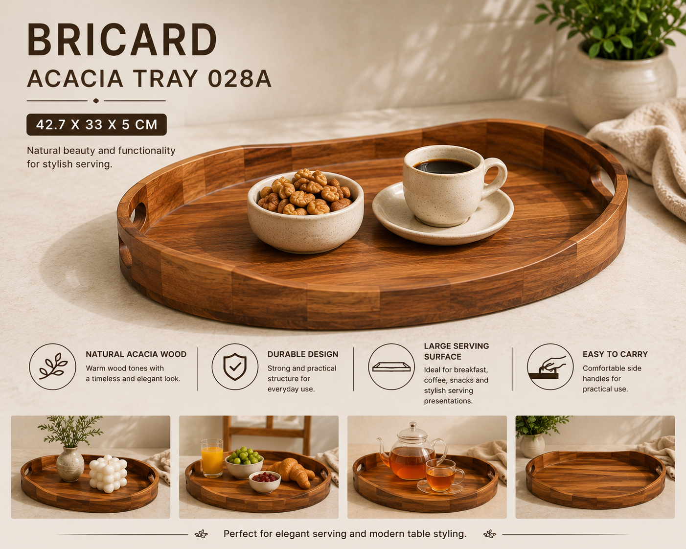 BRICARD Akasya Ahşap Sunum Tepsisi 028A | 42,7 x 33 x 5 cm
