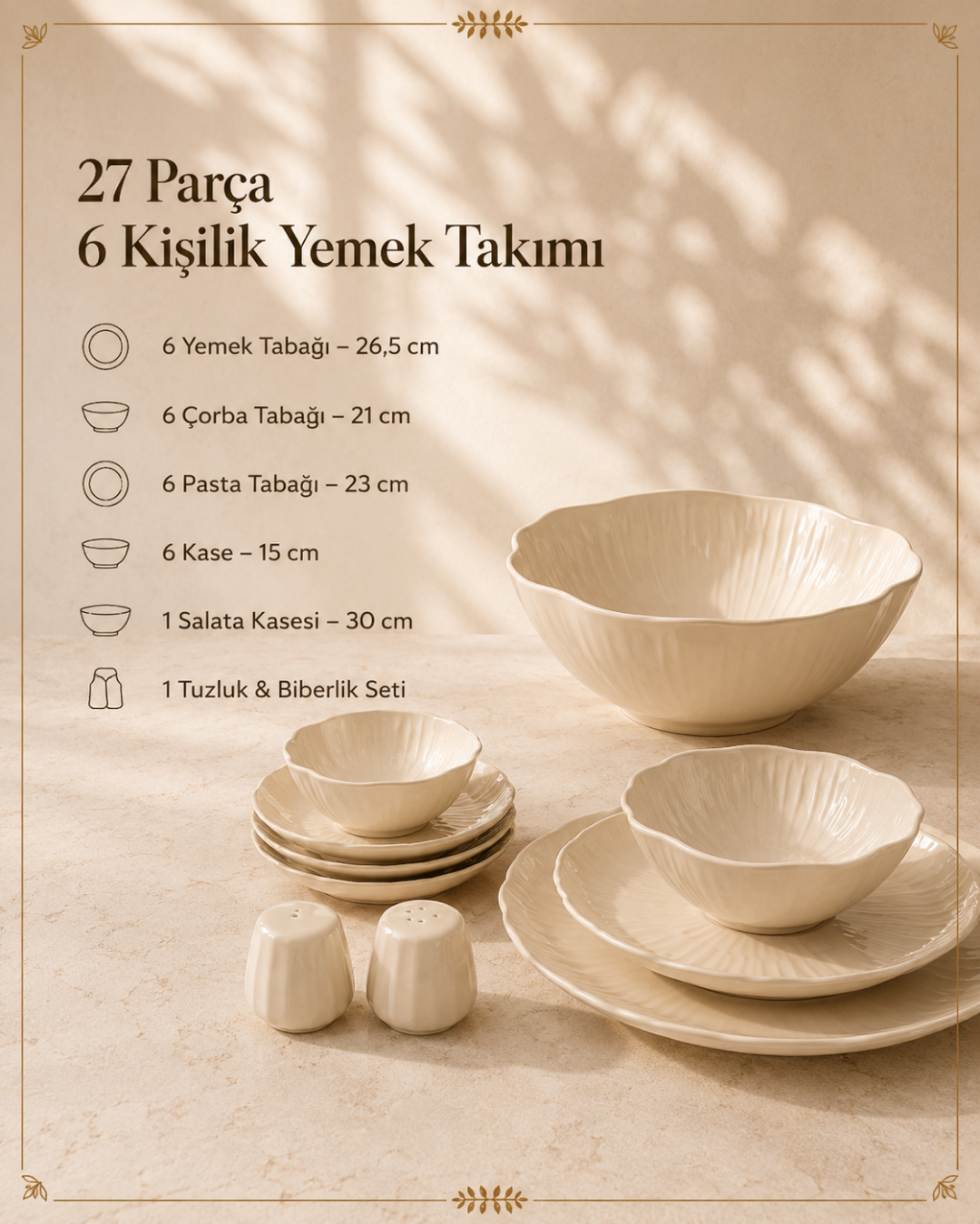 Kadoland Clover Beige | 27 Parça 6 Kişilik Modern Yemek Takımı
