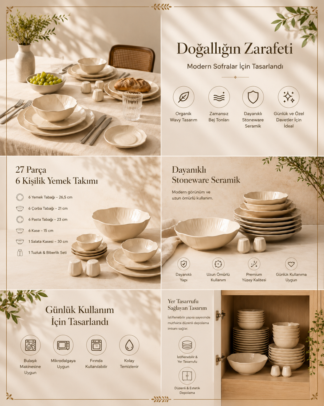 Kadoland Clover Beige | 27-Piece Modern Dinner Set for 6
