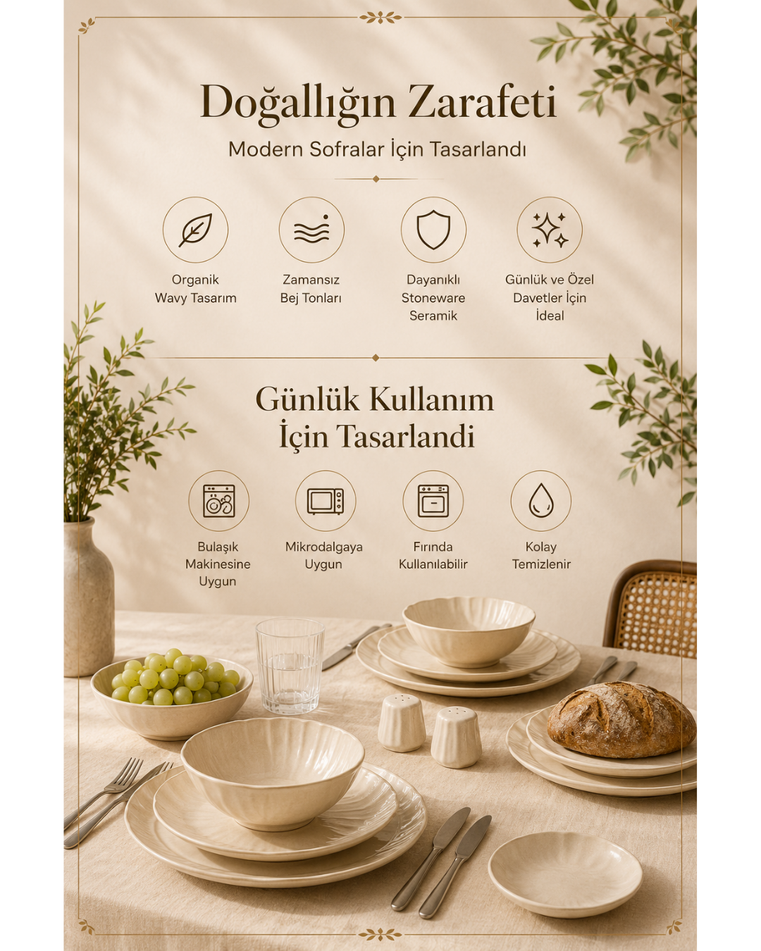 Kadoland Clover Beige | 27-Piece Modern Dinner Set for 6