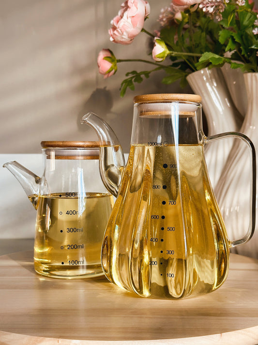 KCY - Glas Oliekan Set met Bamboe Deksel - Set van 2 / 500 ml + 1000 ml.