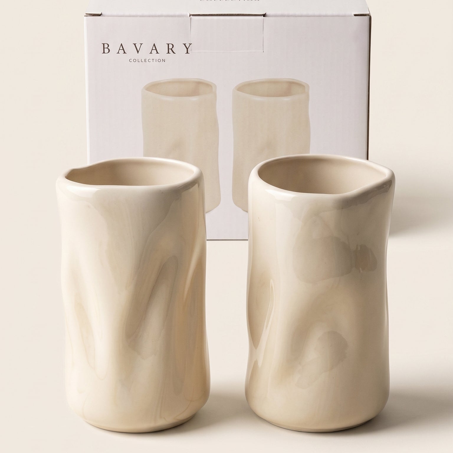Bavary "Wave" Yüksek Form Kulpsuz Seramik Bardak / Kupa Seti - Bej – 2 Parça (2 x 350 ml)