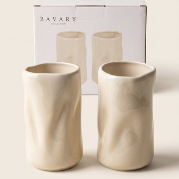 Bavary "Wave" Yüksek Form Kulpsuz Seramik Bardak / Kupa Seti - Bej – 2 Parça (2 x 350 ml)