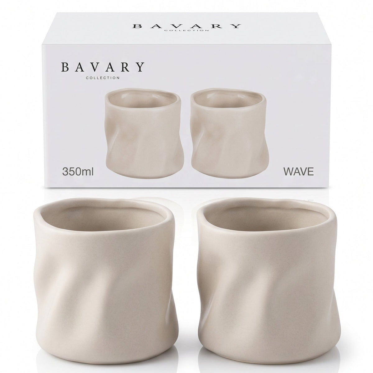 Bavary "Wave" Mat Bej Dalgalı Kulpsuz Seramik Kupa Seti – 2 Parça (2 x 350 ml)