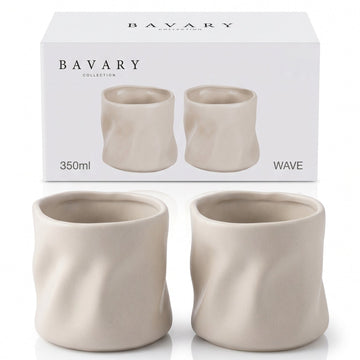 Bavary "Wave" Mat Bej Dalgalı Kulpsuz Seramik Kupa Seti – 2 Parça (2 x 350 ml)