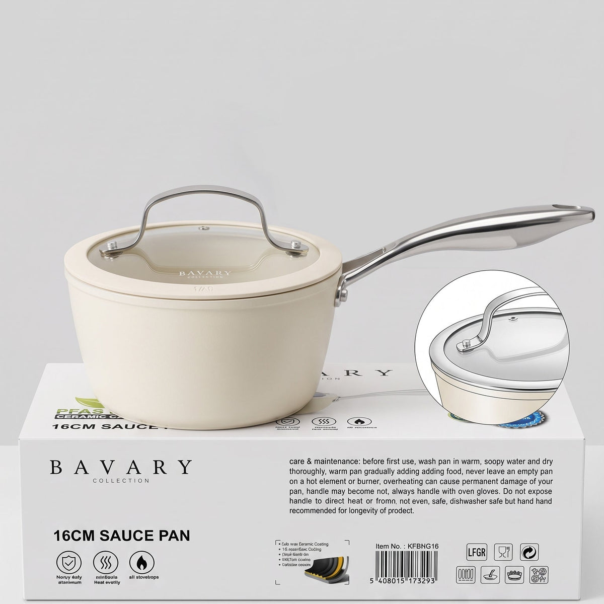 Bavary PFAS-Free Seramik Kaplama Cam Kapaklı Saplı Sos Tenceresi – 16 cm (KFBNG16)