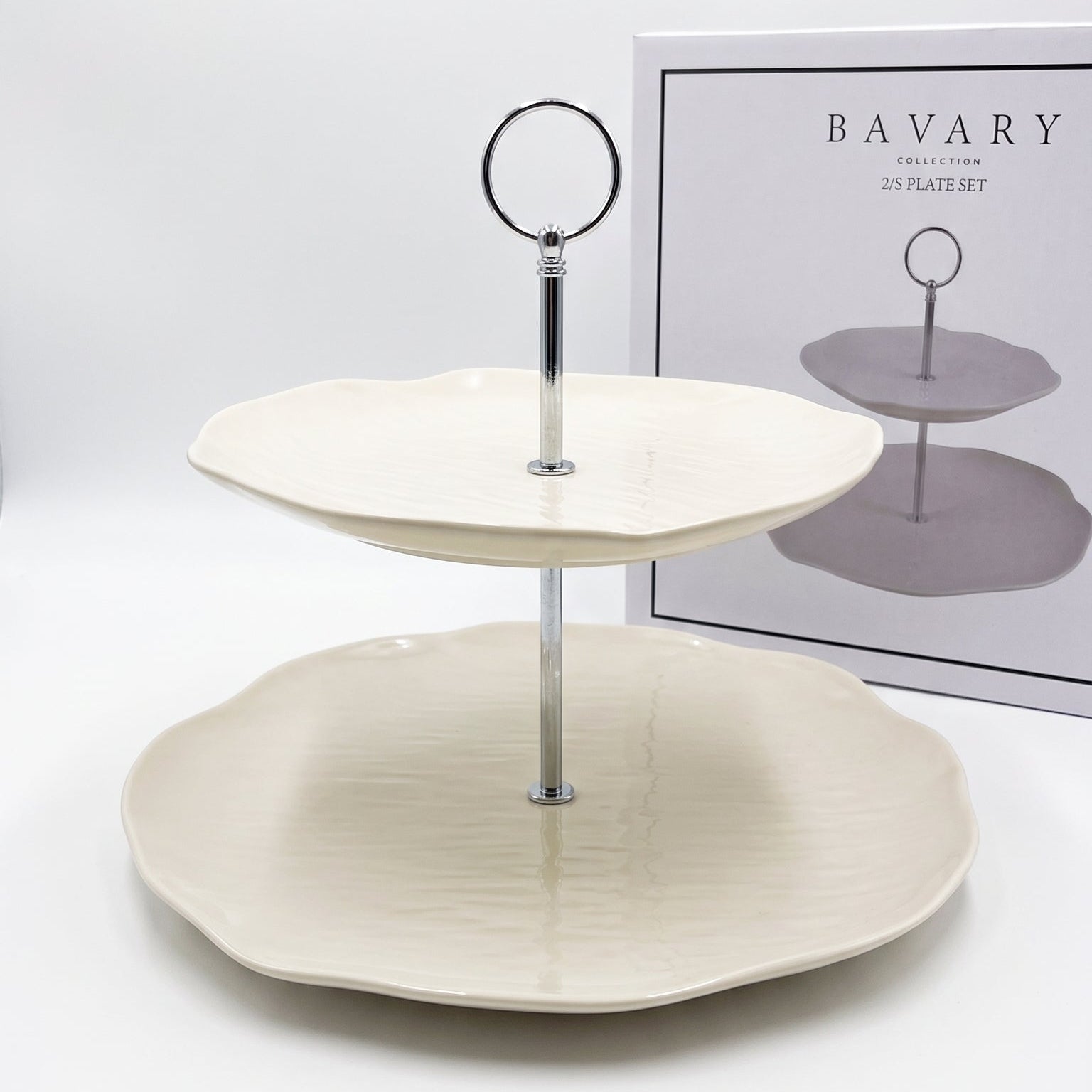 Bavary 2 Katlı Porselen / Seramik Sunumluk & Katlı Kurabiyelik – (2/S Plate Set)