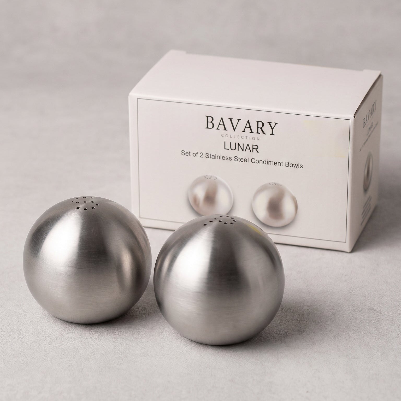 Bavary "Lunar" Küre / Yuvarlak Formlu Paslanmaz Çelik Tuzluk & Karabiberlik Seti – 2 Parça