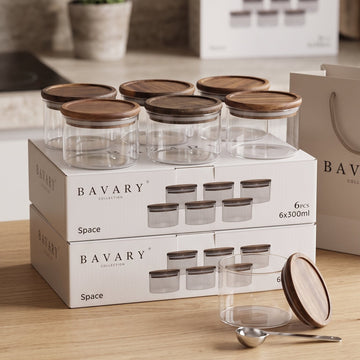 Bavary Space Ahşap Kapaklı Cam Saklama & Baharat Kavanozu Seti – 6 Parça (6 x 300 ml)
