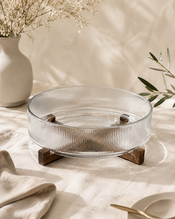 Bavary Cam Servis Kasesi kabartmalı met Ahşap Tutucu- Big Size | 30.5cm - 2.8L