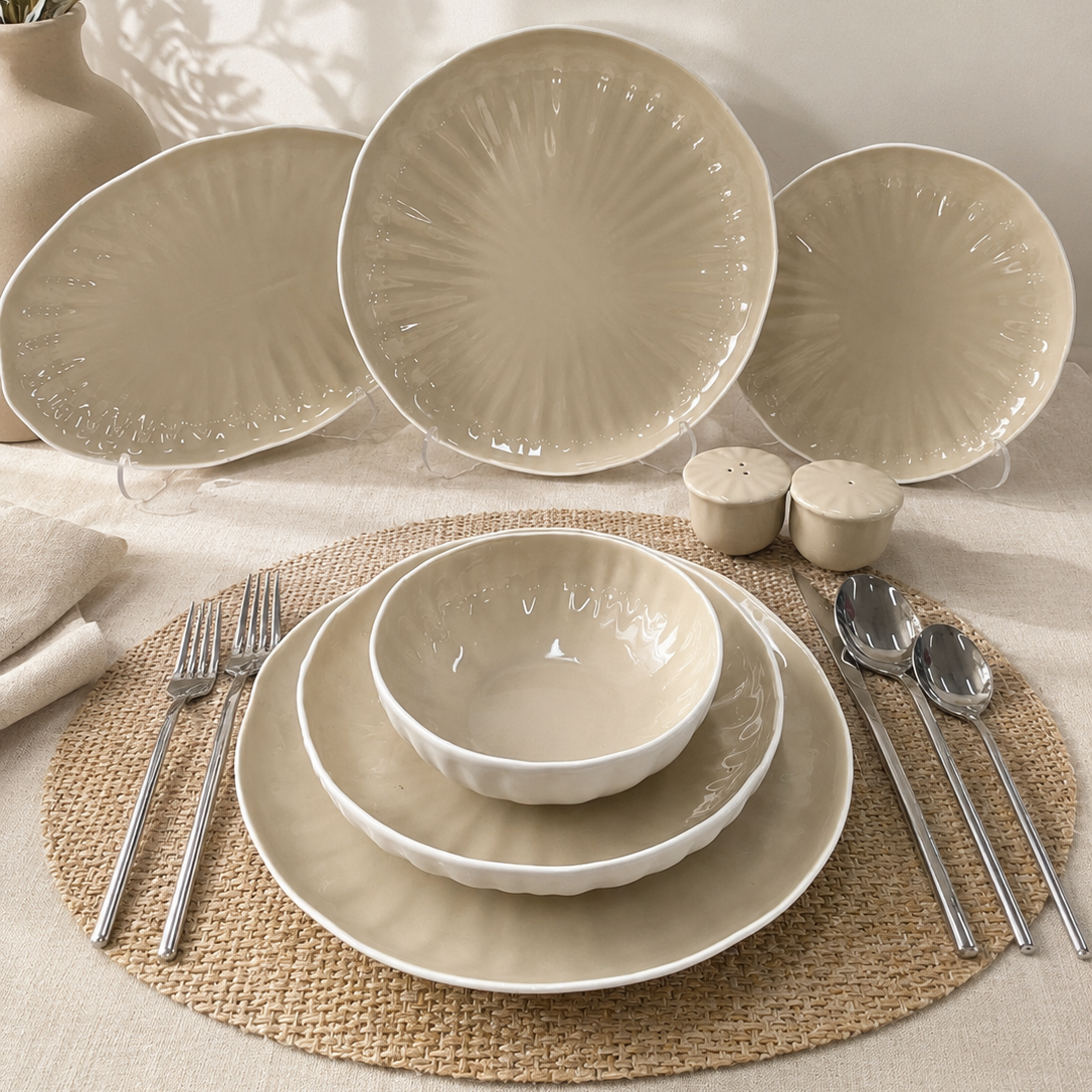 Bricard Remy 27-Piece Porcelain Dinner Set | White - Taupe | Serves 6