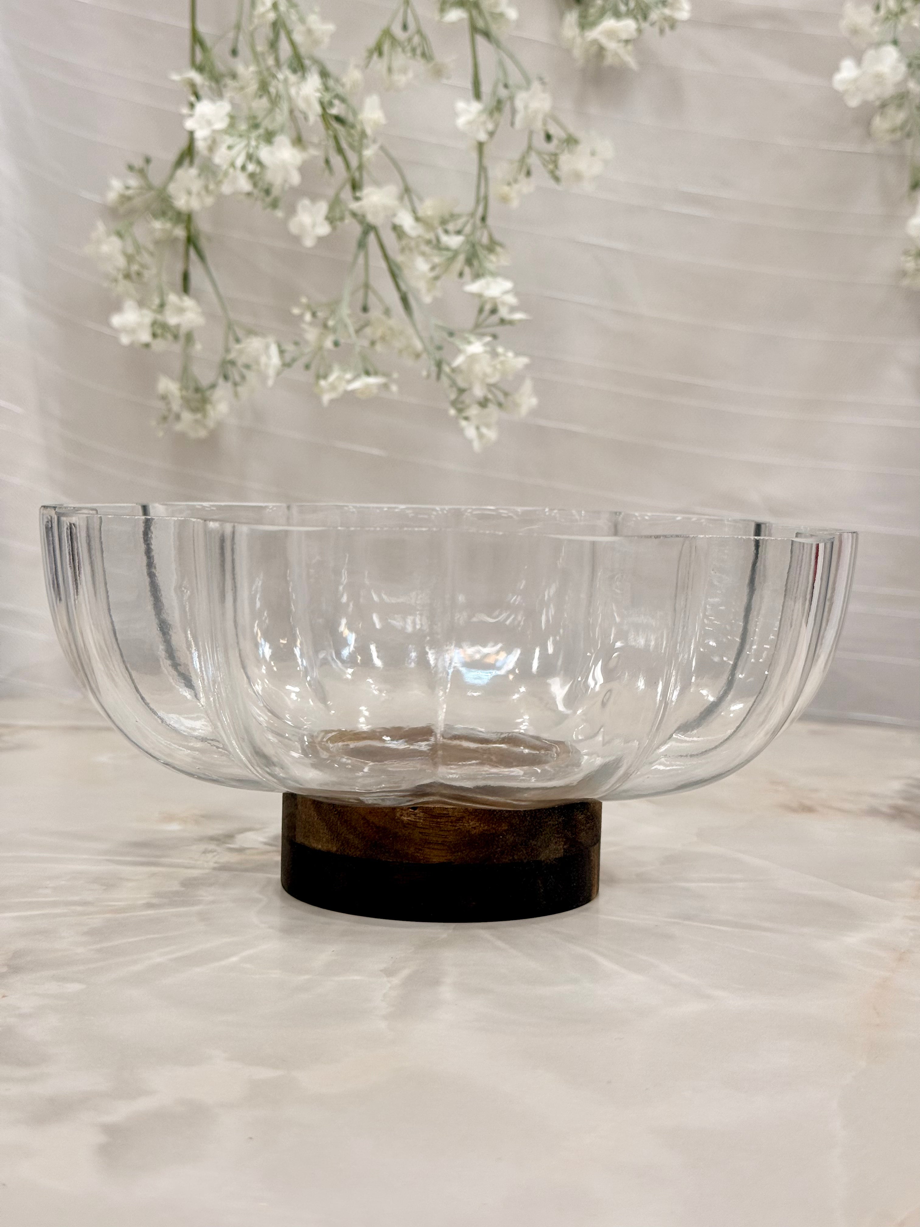 Bavary Glasschale mit Holzfuß – Durchmesser 21,8 cm – 1,34 Liter