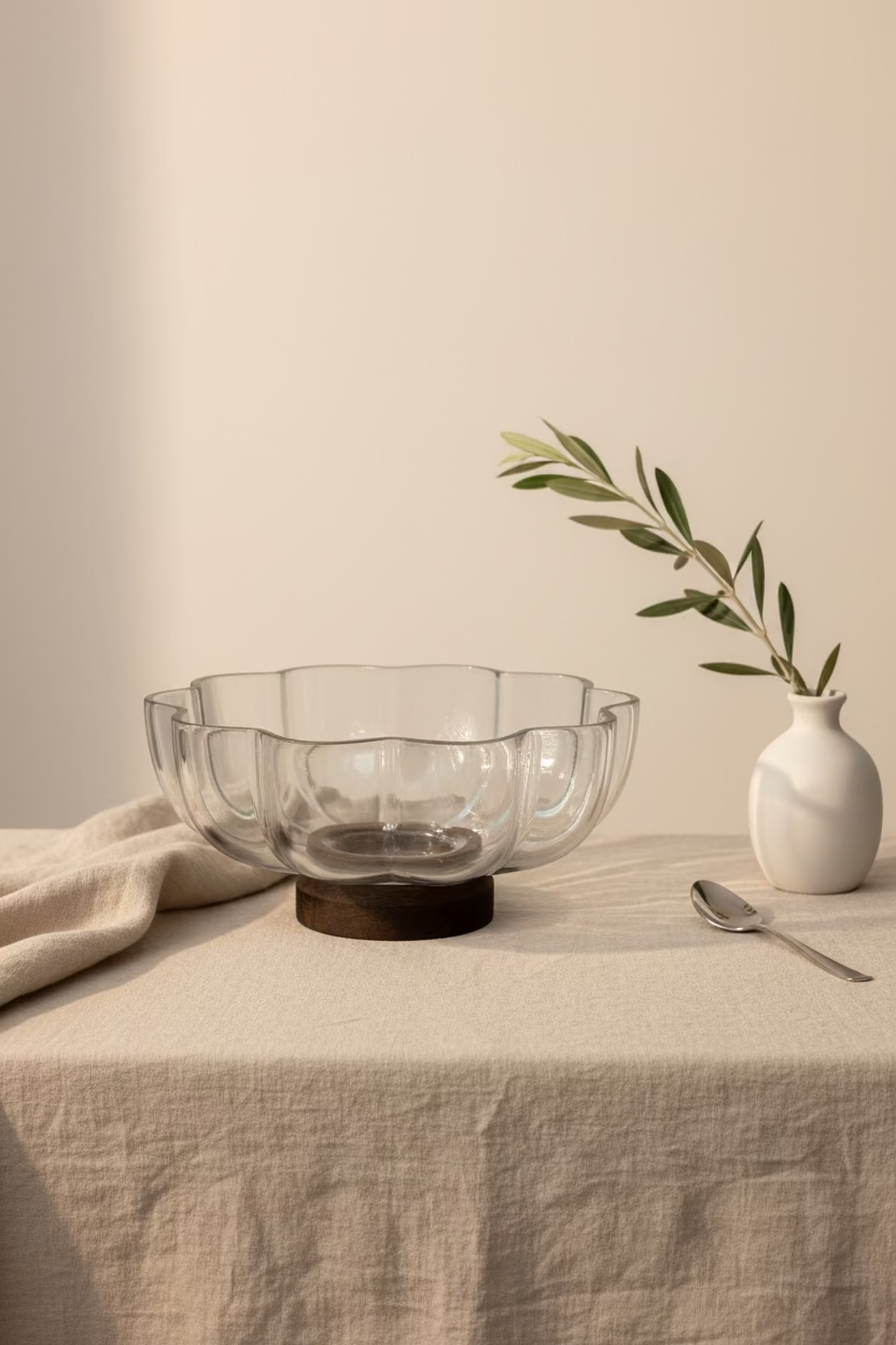 Bavary glazen schaal met houten voet - diameter 26,6 cm - 2,7 liter