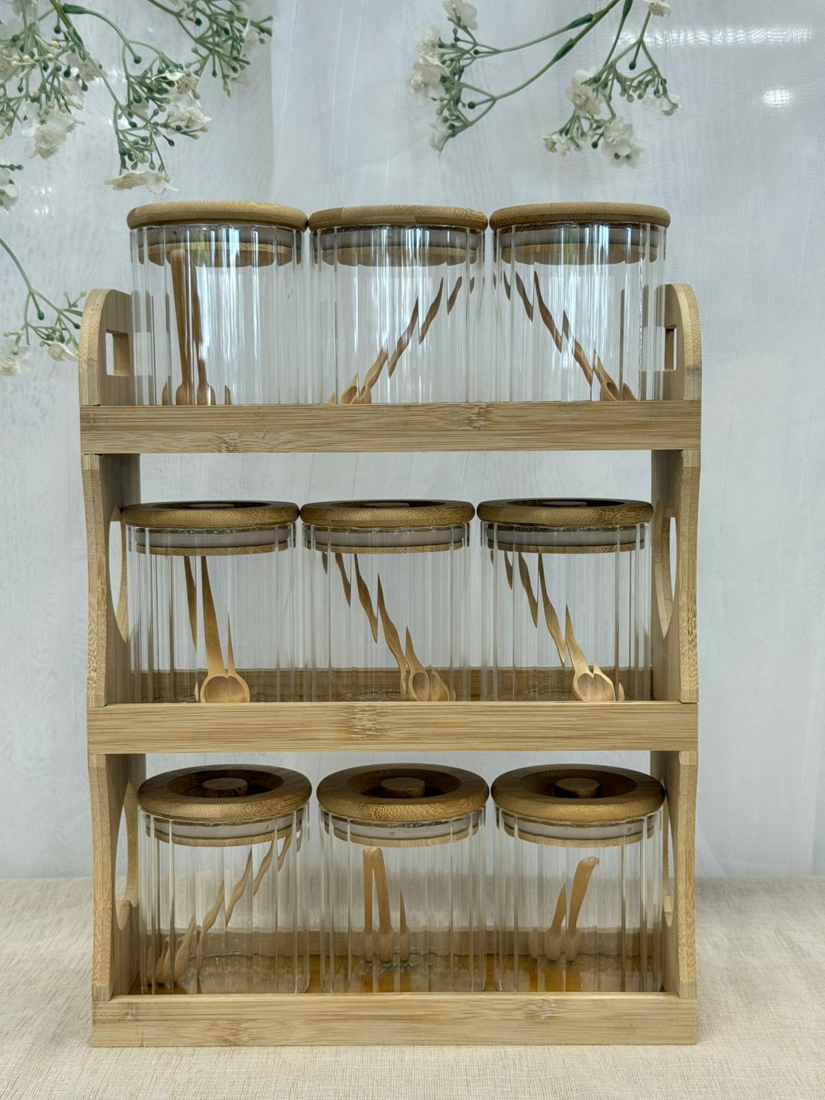 Bavary Spice Set / 3 Katlı Bambu 9 lu Baharatlık Seti - Kaşıklı