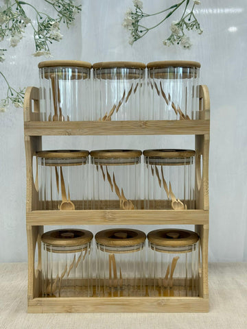 Bavary Spice Set / 3 Katlı Bambu 9 lu Baharatlık Seti - Kaşıklı