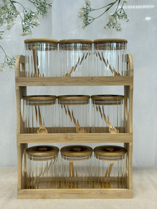 Bavary Spice Set / 3 Katlı Bambu 9 lu Baharatlık Seti - Kaşıklı