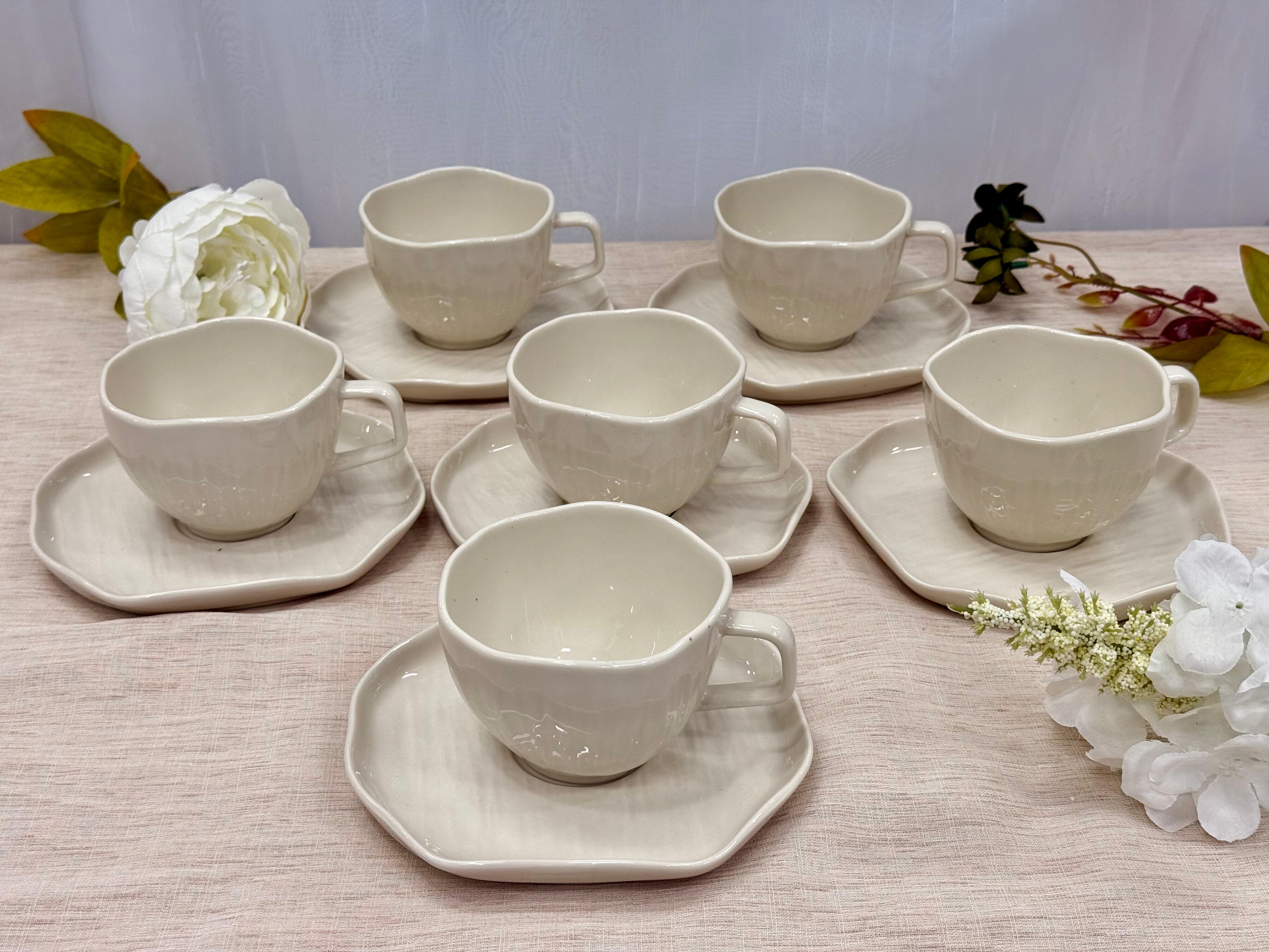 Kadoland Clover Beige Koffiekopjesset voor 6 personen, 12-delig | Groot formaat - 200 ml