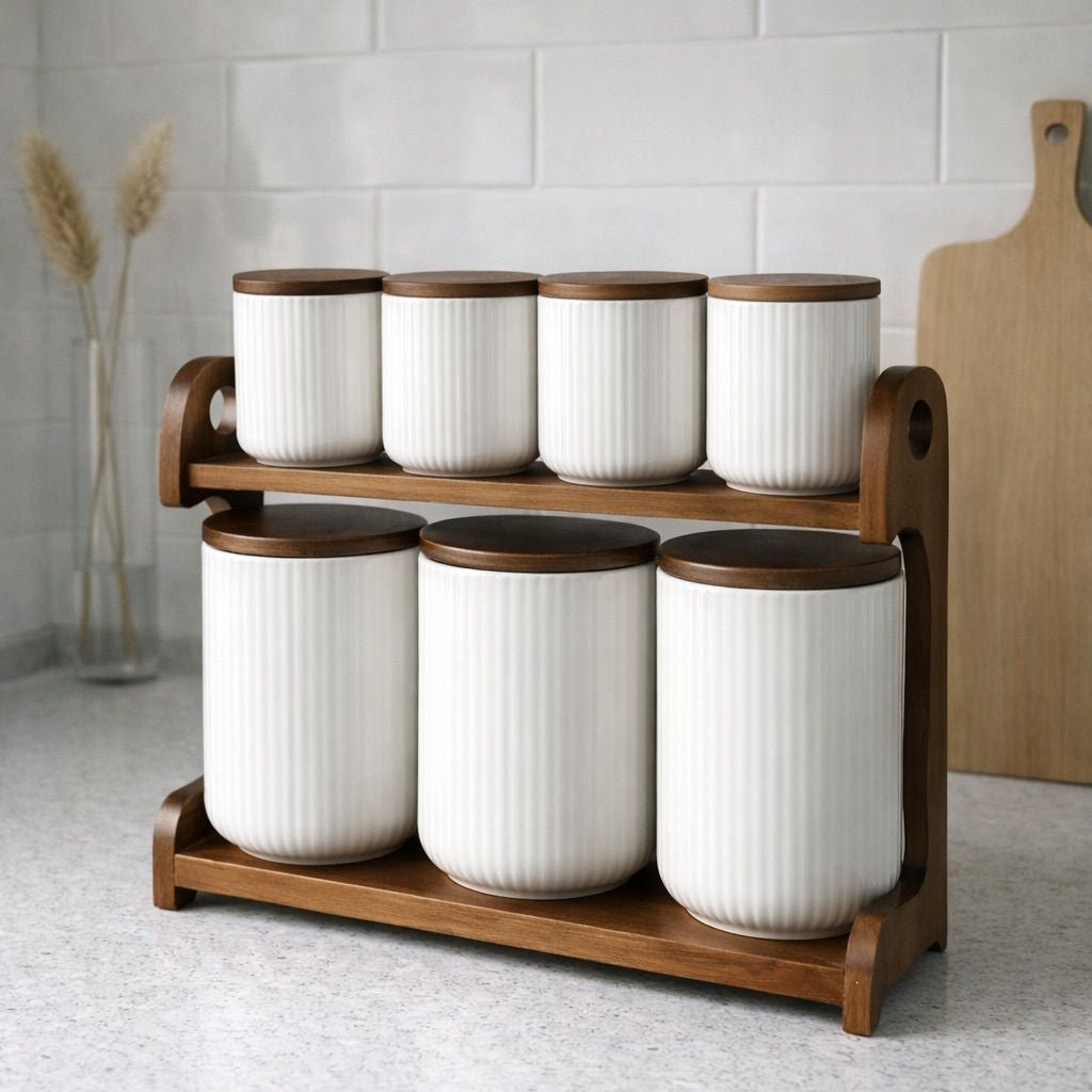 Lot de 8 pots à épices sur socle en bois Bavary
