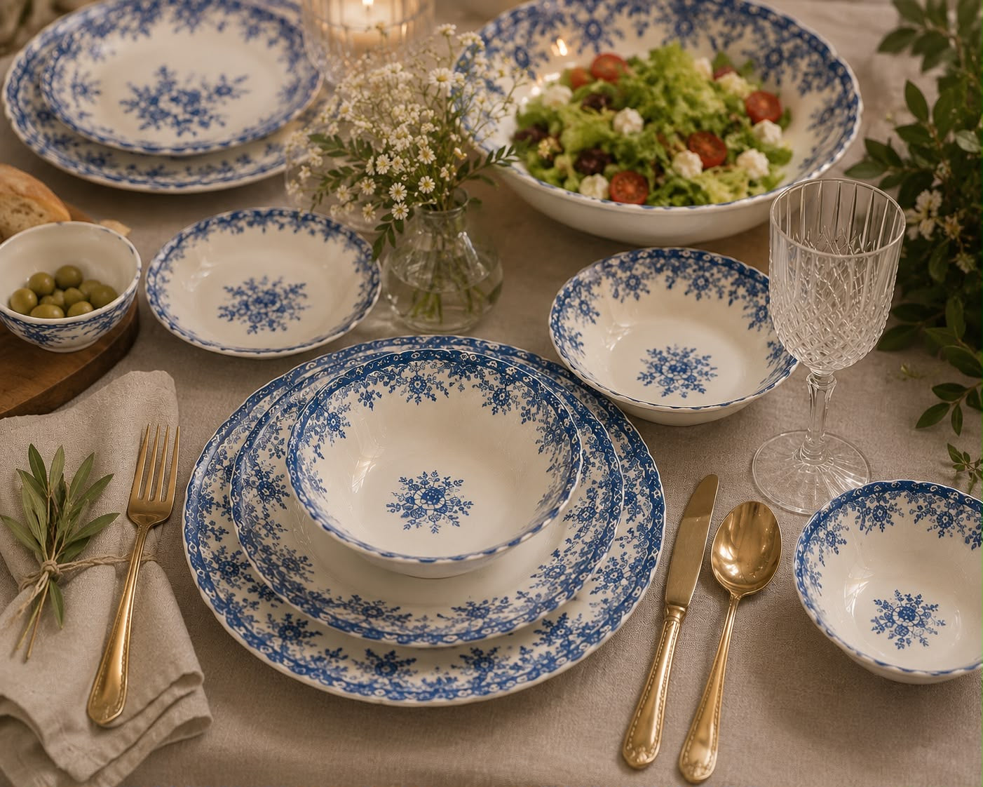 BAVARY Vintage 25 parça 6 kişilik porselen yemek takımı- Mavi çiçek desenli