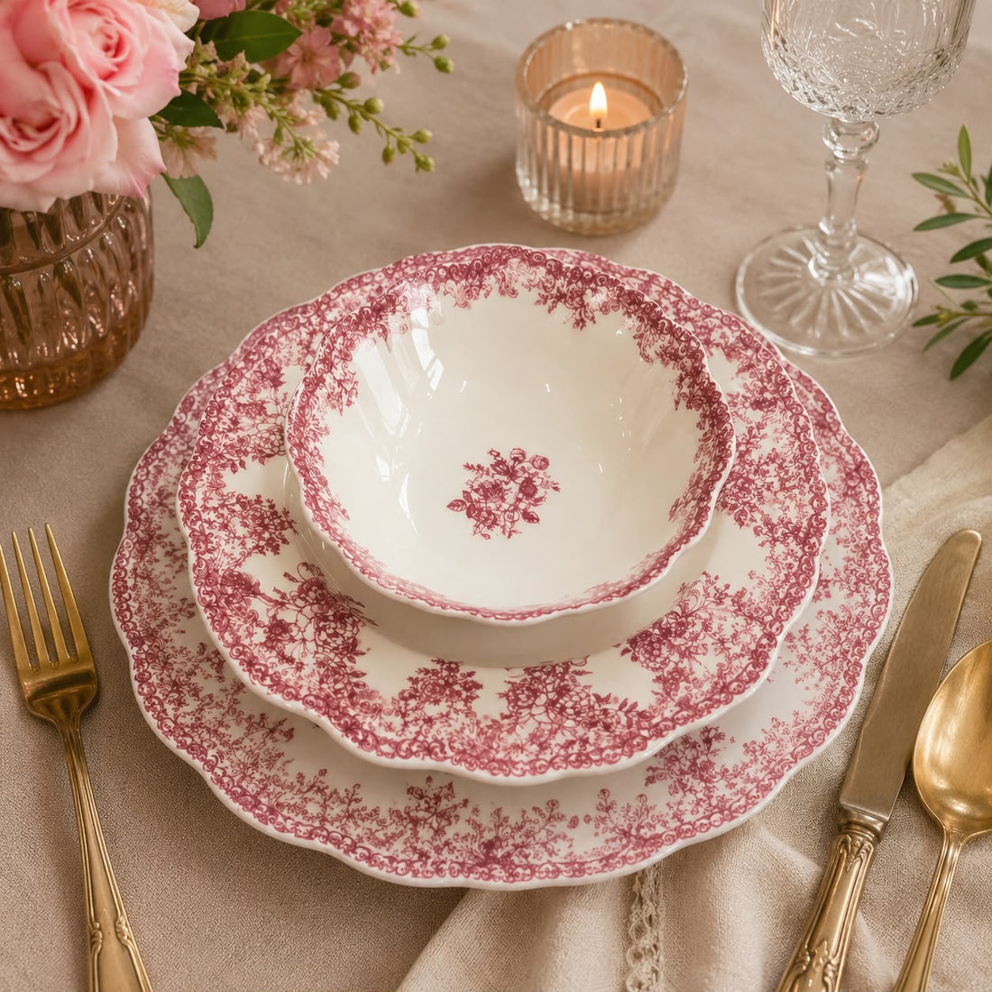 BAVARY Vintage 25 parça 6 kişilik porselen yemek takımı- Pembe çiçek desenli