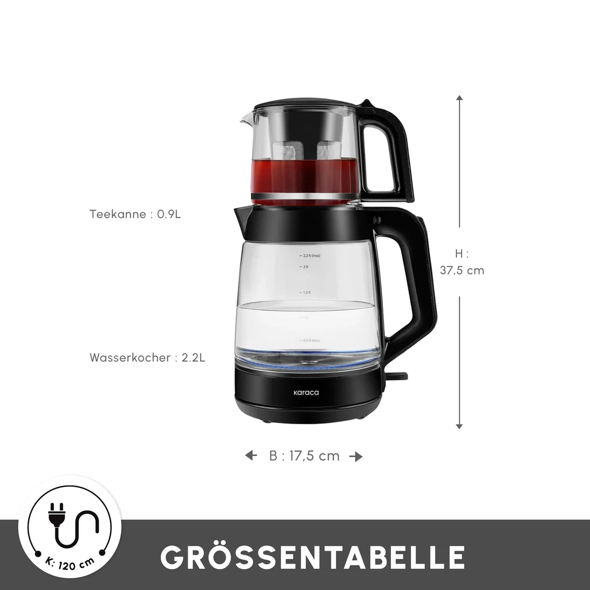 Karaca Glass Tea XL 2 in 1 Cam Çay Makinesi Shiny Black