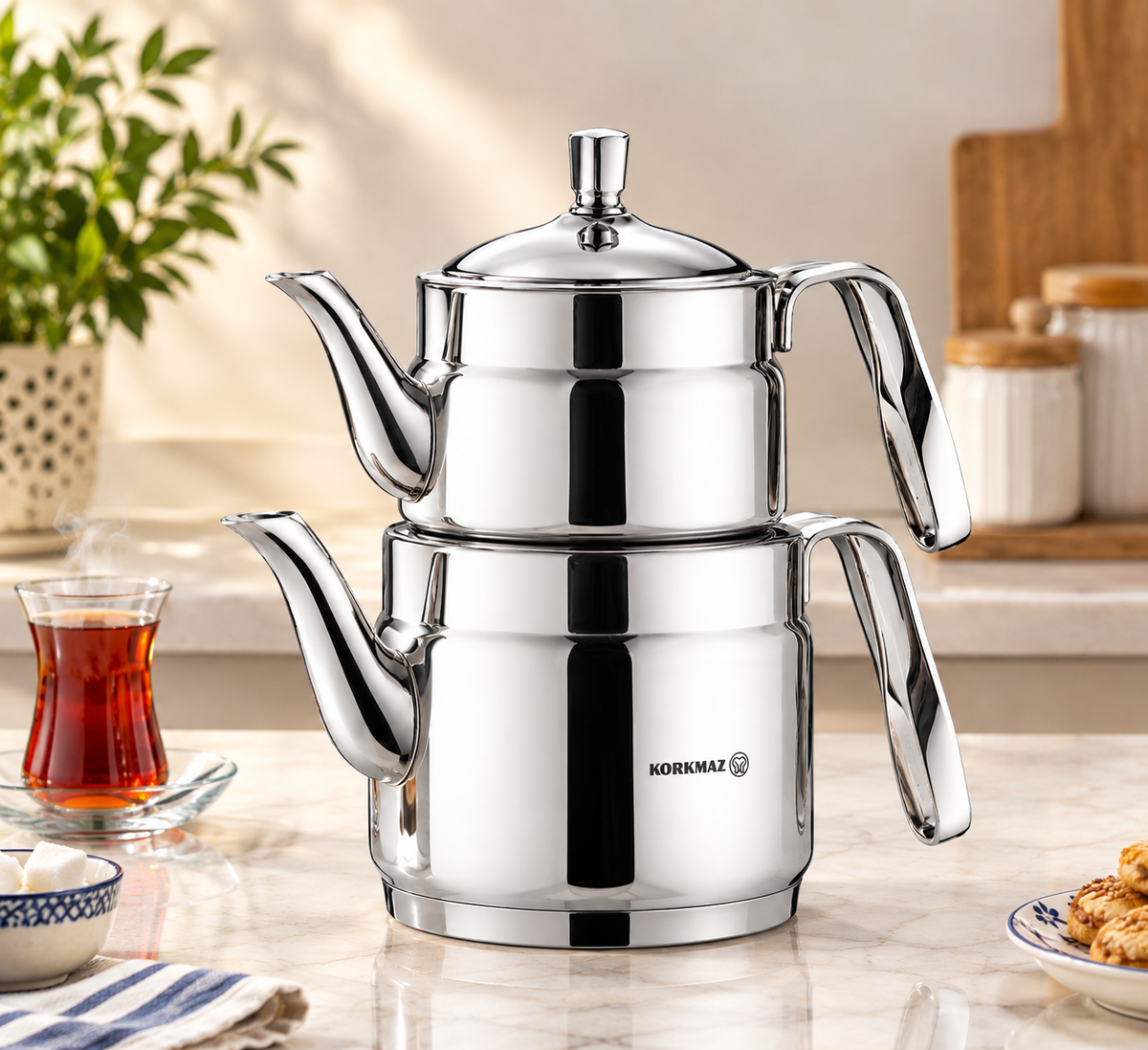Korkmaz A229 Nostaljia Maxi Çelik Çaydanlık Takımı 1,2 L + 2,2 L