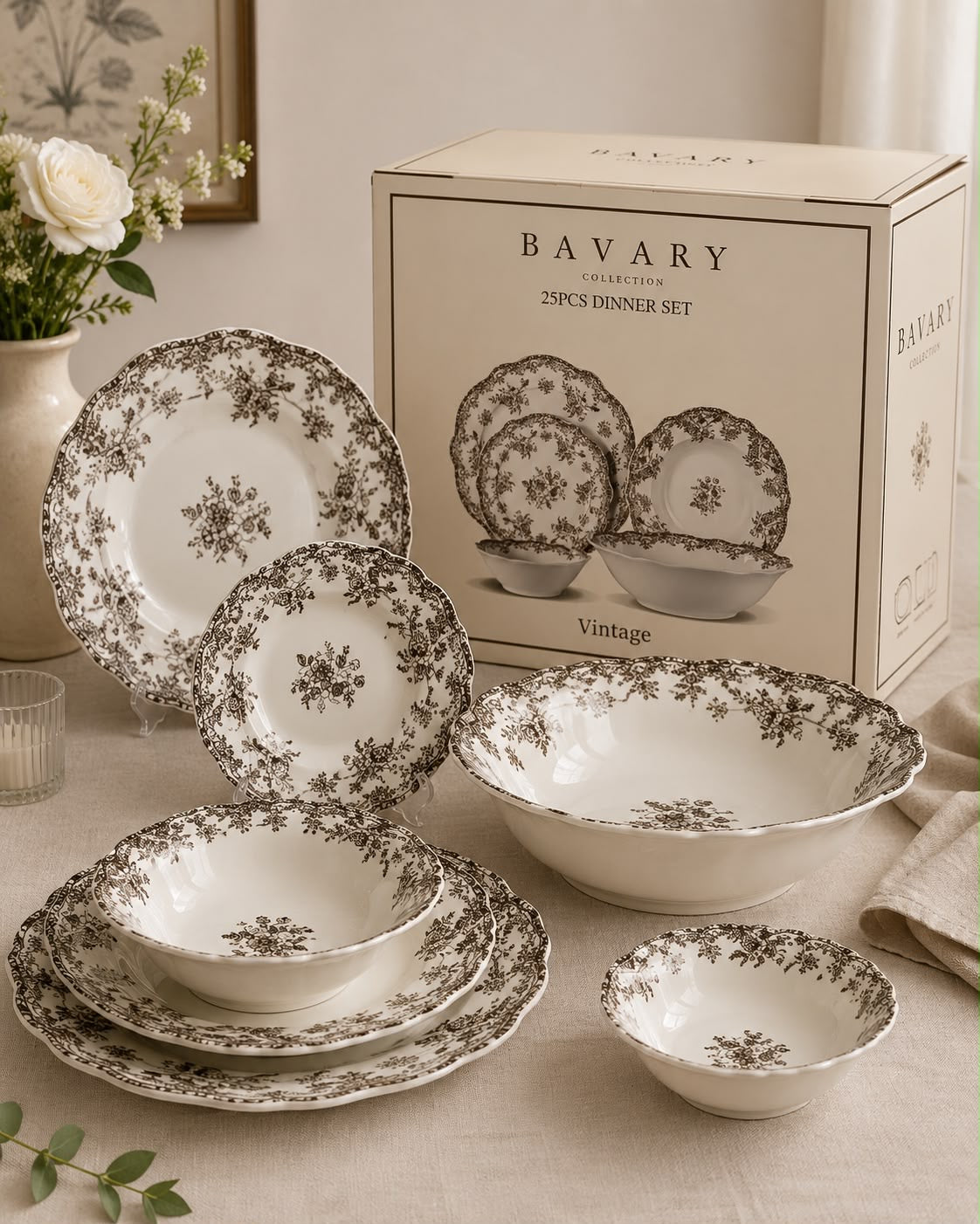 BAVARY Vintage 25 Parça 6 Kişilik Porselen Yemek Takımı – Kahverengi Çiçek Desenli