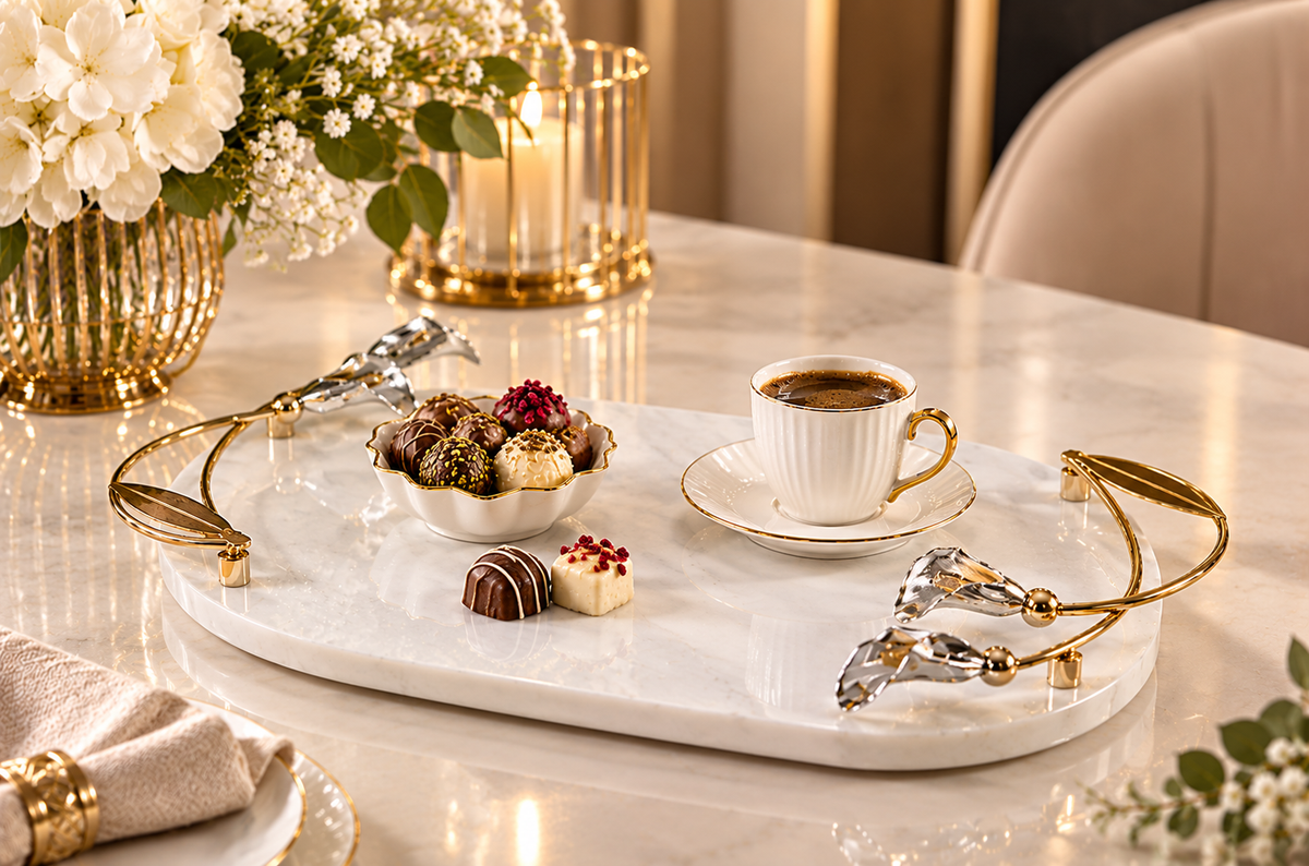Fugurato Elegance Mermer, Gold Detaylı Sunum ve Nişan Tepsisi