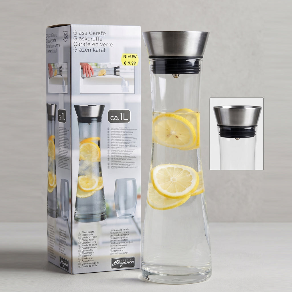 Elegance Paslanmaz Çelik Akıllı Kapaklı & Süzgeçli Cam Sürahi / Karaf – 1 Litre (ca. 1L)