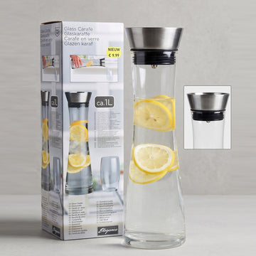 Elegance Paslanmaz Çelik Akıllı Kapaklı & Süzgeçli Cam Sürahi / Karaf – 1 Litre (ca. 1L)