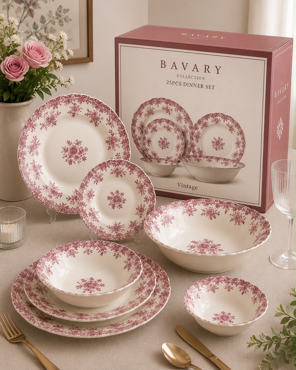 BAVARY Vintage 25 parça 6 kişilik porselen yemek takımı- Pembe çiçek desenli