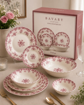 BAVARY Vintage 25 parça 6 kişilik porselen yemek takımı- Pembe çiçek desenli