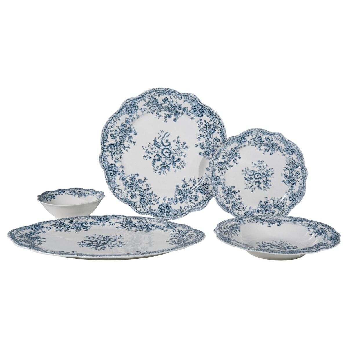 Vintage 25 parça 6 kişilik porselen yemek takımı - Mavi çiçek desenli