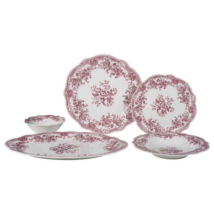 Vintage 25 parça 6 kişilik porselen yemek takımı- Pembe çiçek desenli