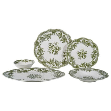 Vintage 25 parça 6 kişilik porselen yemek takımı - Yeşil çiçek desenli