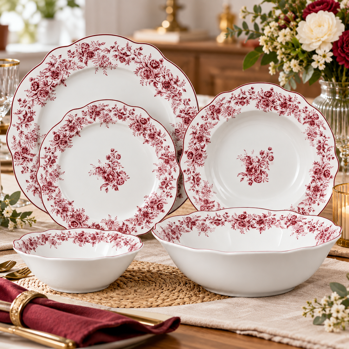 Bavary Vintage 25 parça 6 kişilik Porselen Yemek Takımı- Toscana Pembe çiçek desenli