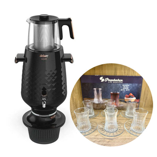 Semaver électrique Paşabahçe Arzum Ehlikeyf | Noir | AR3083-Tea Maker + Service à thé Elysia Sade 12 pièces 950054