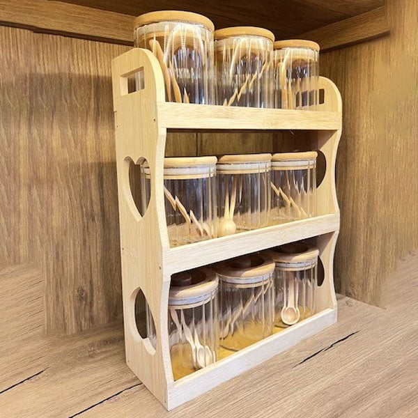 Bavary Spice Set / 3 Katlı Bambu 9 lu Baharatlık Seti - Kaşıklı